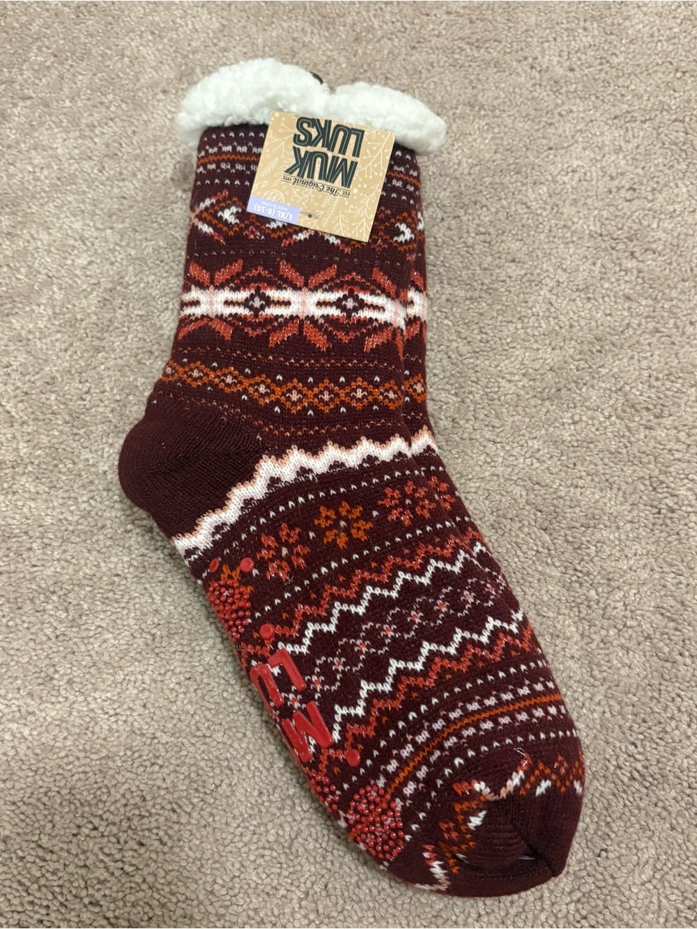 Muk Luks Women’s NEW Cozy Festive Sherpa Slipper Socks w/ Grip Size L/XL (8-10)